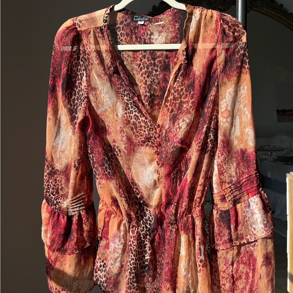 Leopard Print V-Neck Blouse - Red and Orange